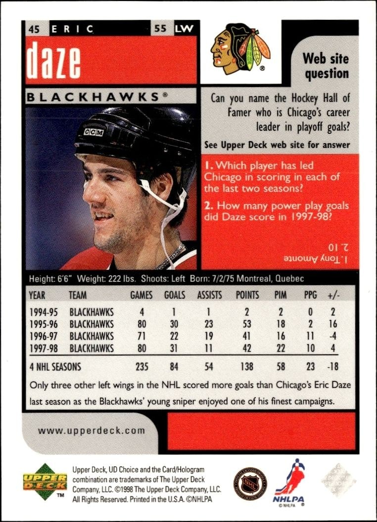1998-99 Upper Deck Choice Preview Eric Daze #45 hockey trading card back