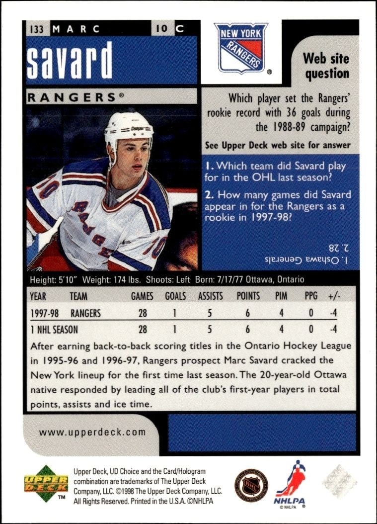 1998-99 Upper Deck Choice Preview Marc Savard #133 hockey trading card back