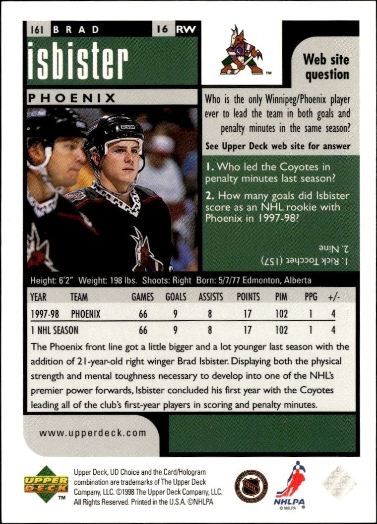 1998-99 Upper Deck Choice Preview Brad Isbister #161 hockey trading card back