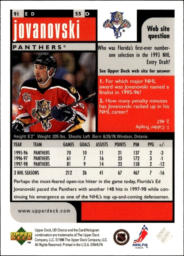 1998-99 Upper Deck Choice Preview Ed Jovanovski #91 hockey trading card back
