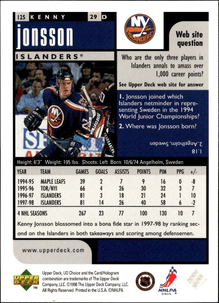 1998-99 Upper Deck Choice Preview Kenny Jonsson #125 hockey trading card back