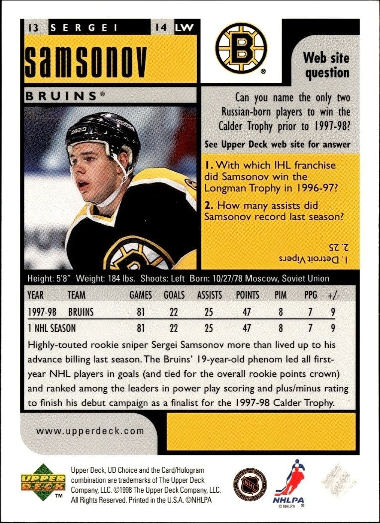 1998-99 Upper Deck Choice Preview Sergi Samsonov #13 hockey trading card back