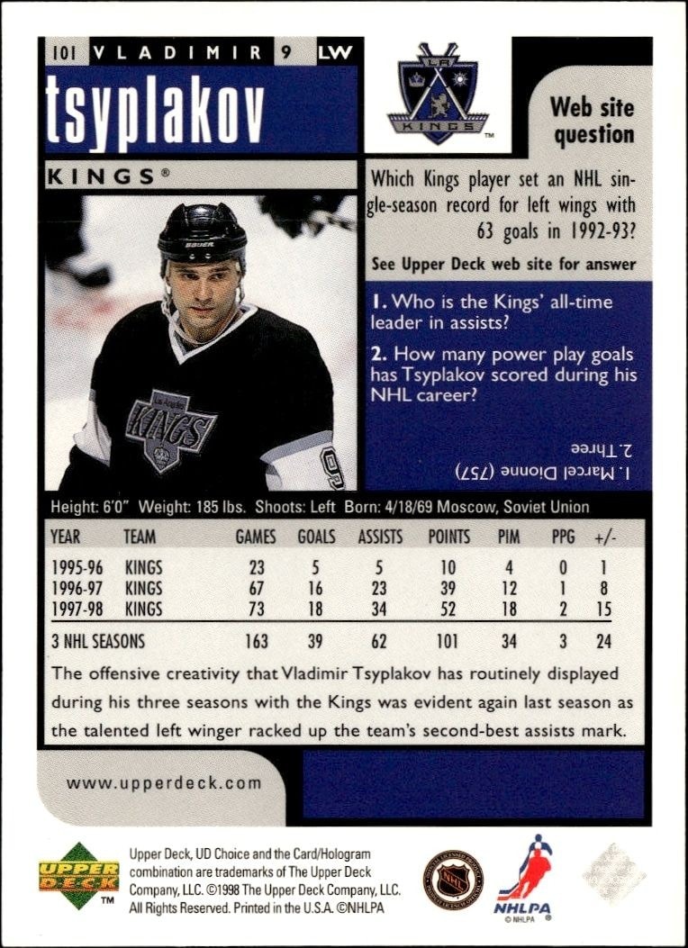 1998-99 Upper Deck Choice Preview Vladimir Tsyplakov #101 hockey trading card back