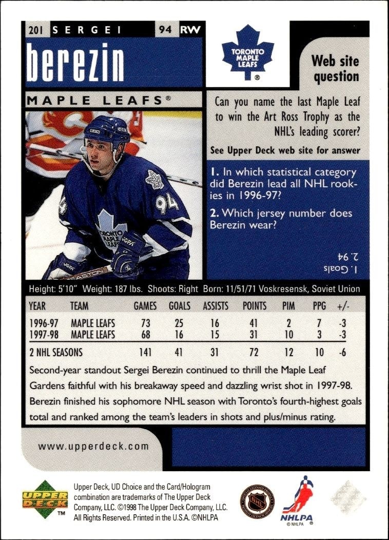 1998-99 Upper Deck Choice Preview Sergei Berezin #201 hockey trading card back