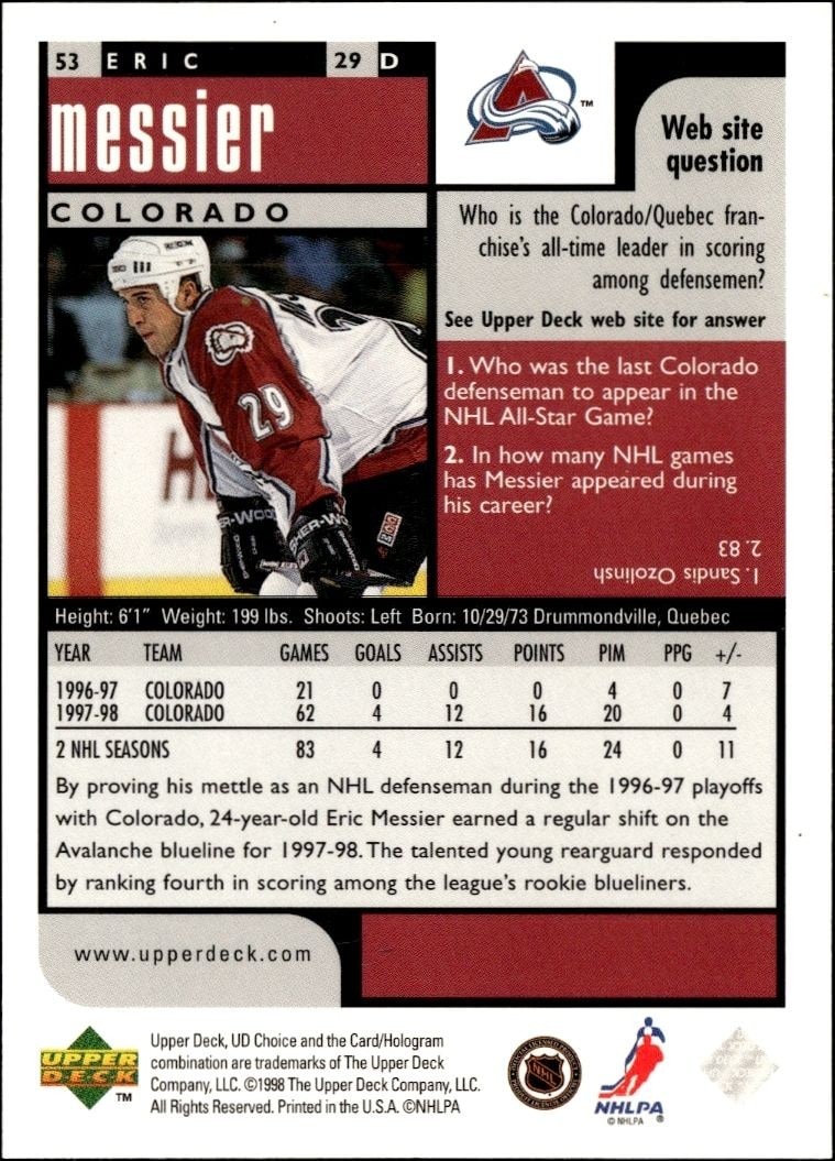 1998-99 Upper Deck Choice Preview Eric Messier #53 hockey trading card back