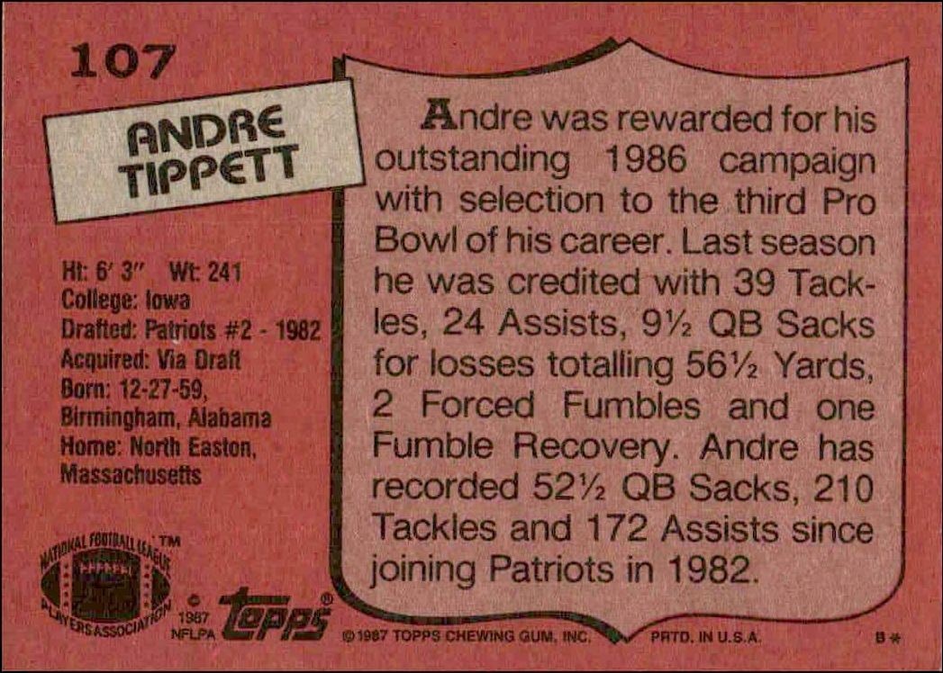 1987 Topps Andre Tippett #107 football trading card back