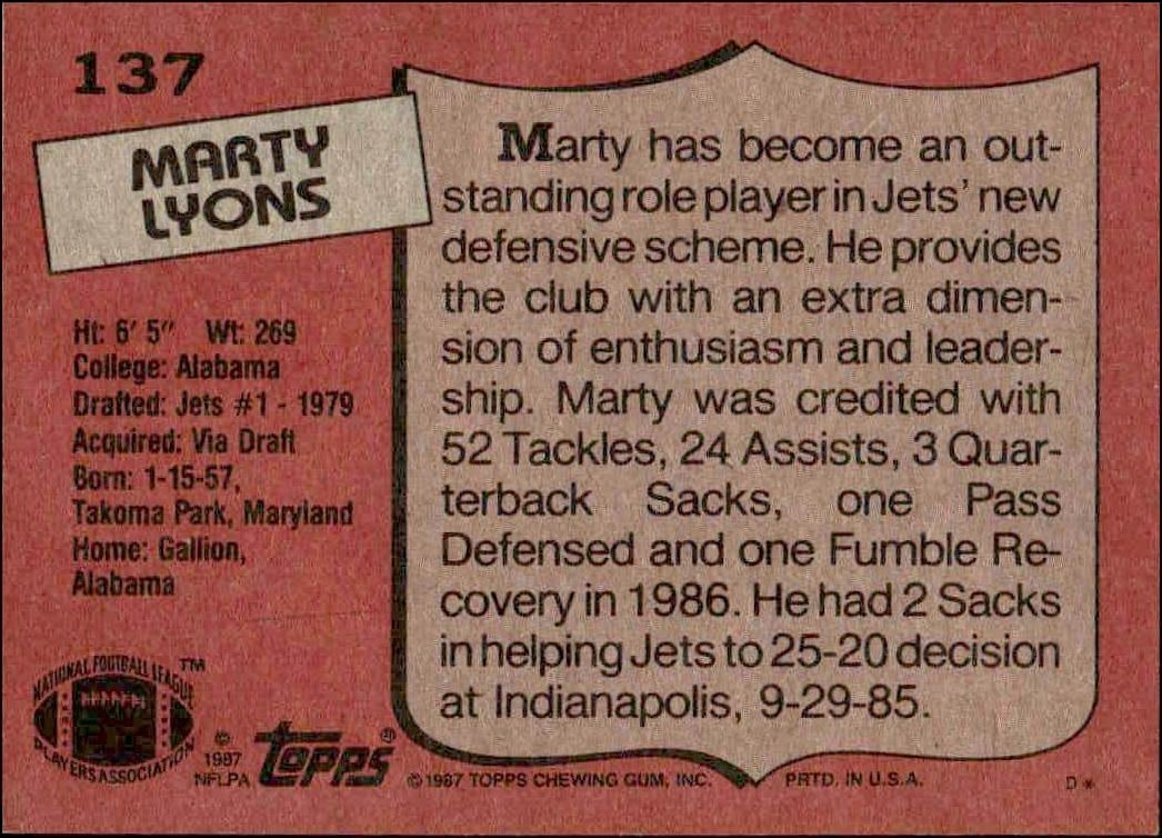 1987 Topps Marty Lyons #137 football trading card back