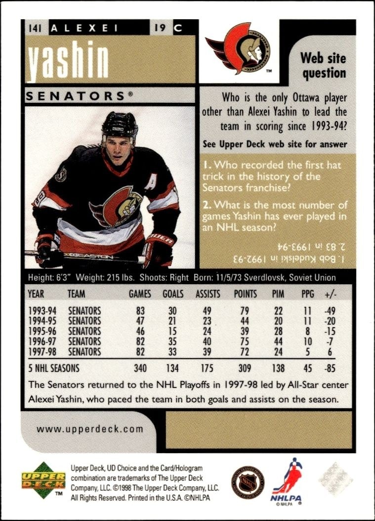 1998-99 Upper Deck Choice Preview Alexei Yashin #141 hockey trading card back