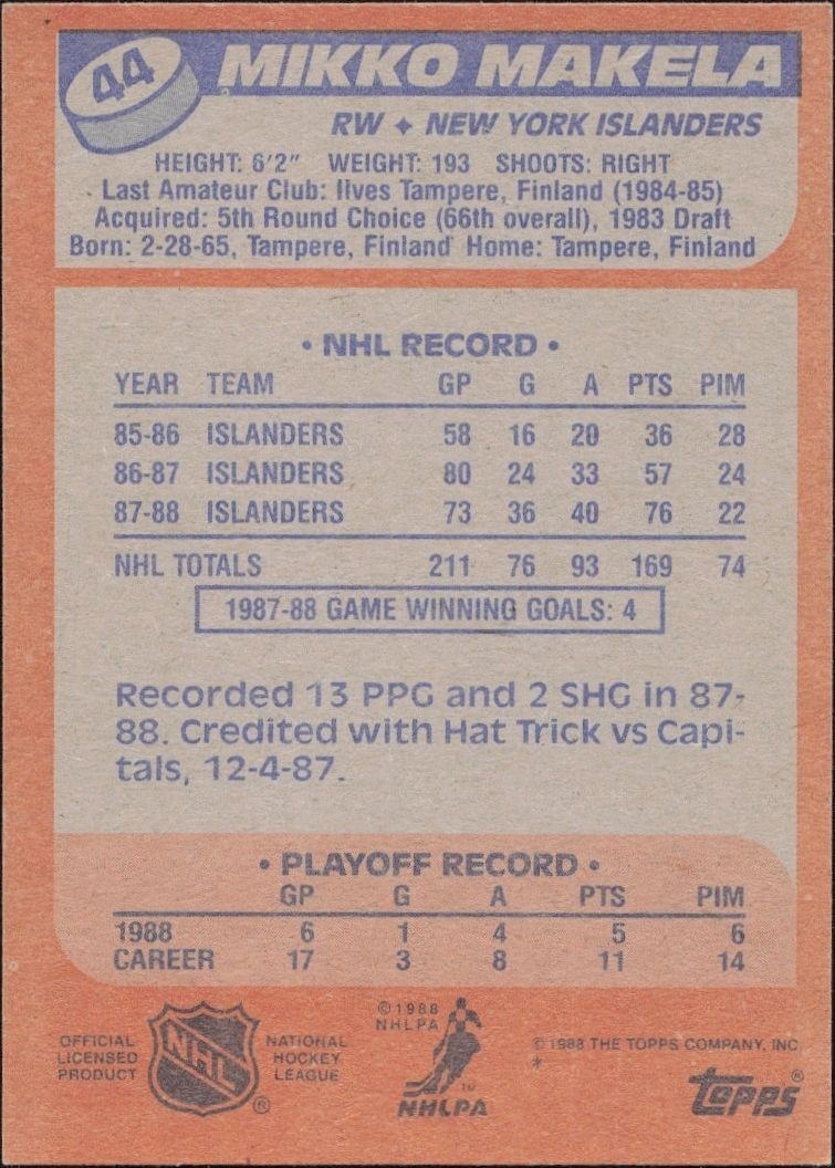 1988-89 Topps Mikko Makela #44 hockey trading card back