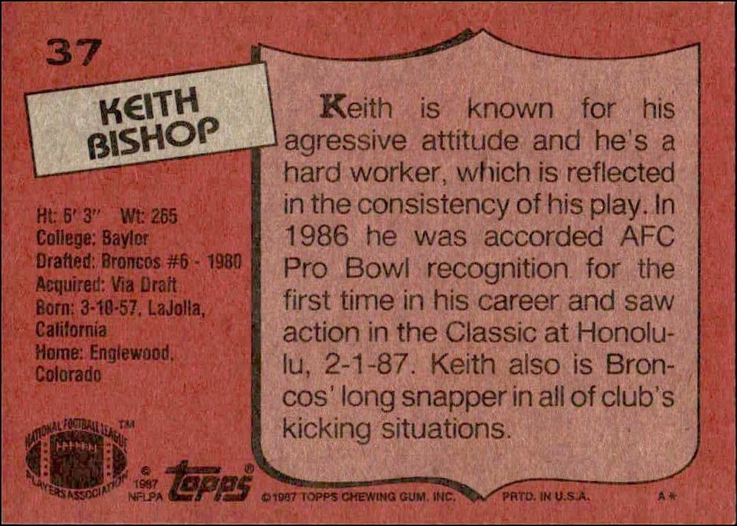 1987 Topps Keith Bishop #37 football trading card back