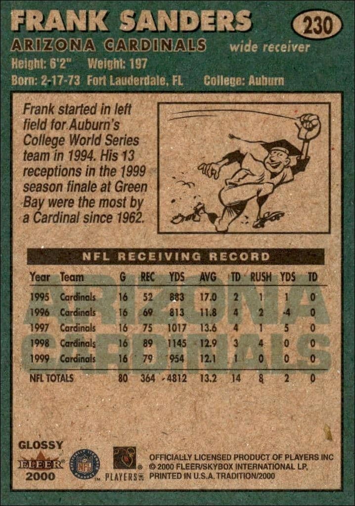 2000 Fleer Tradition Glossy Frank Sanders #230 football trading card back