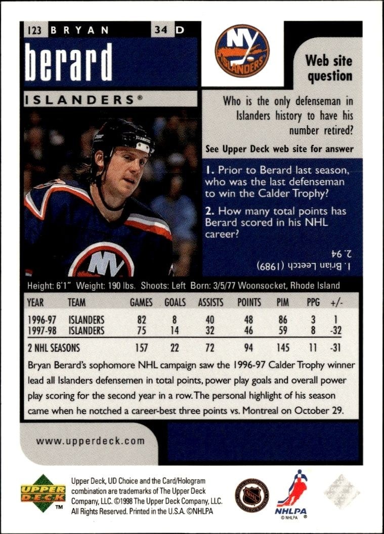 1998-99 Upper Deck Choice Preview Bryan Berard #123 hockey trading card back