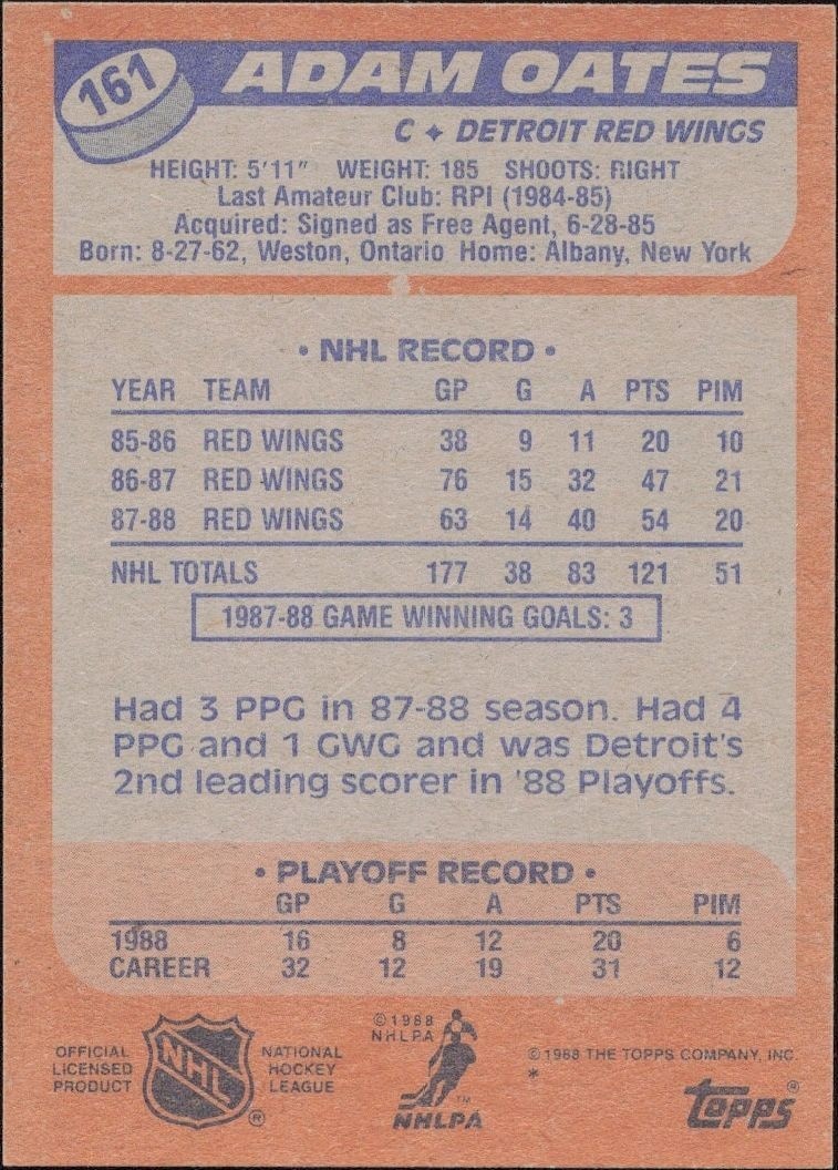 1988-89 Topps Adam Oates #161 hockey trading card back