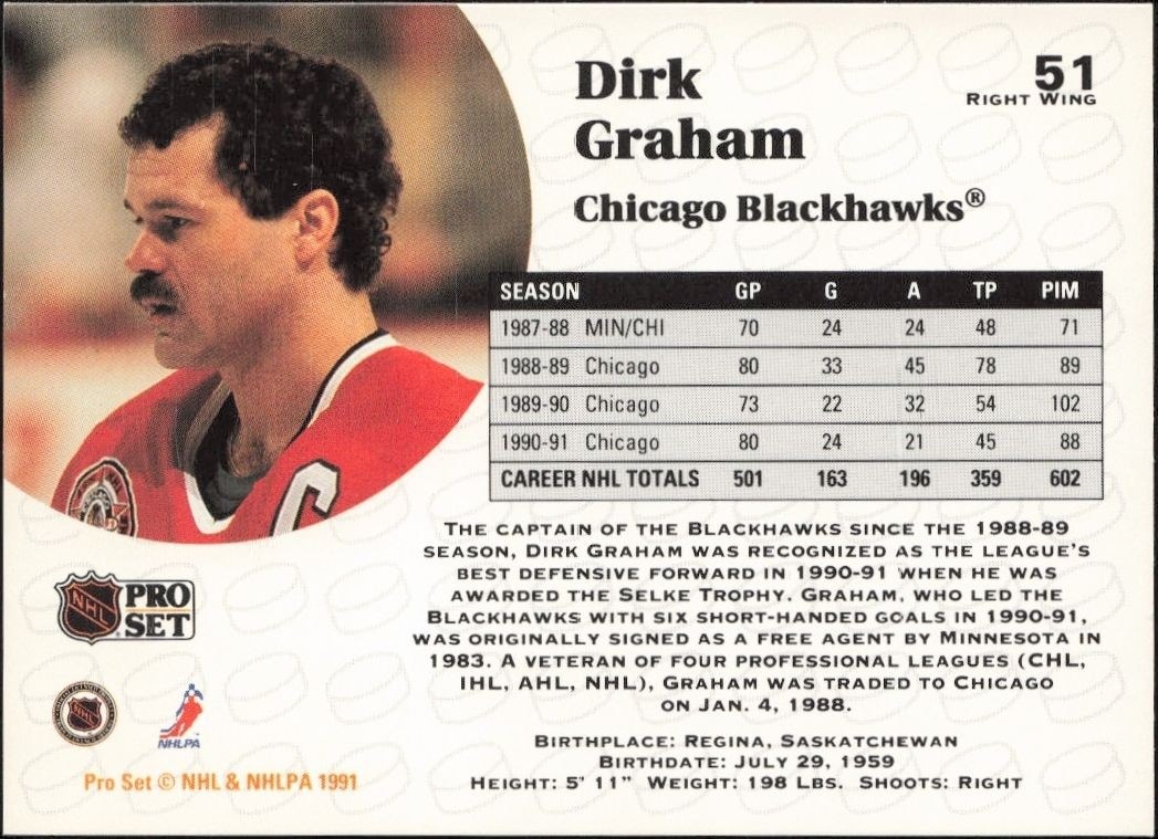 1991-92 Pro Set Dirk Graham #51 hockey trading card back