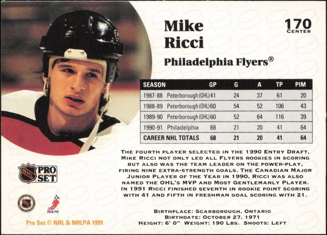1991-92 Pro Set Mike Ricci #170 hockey trading card back