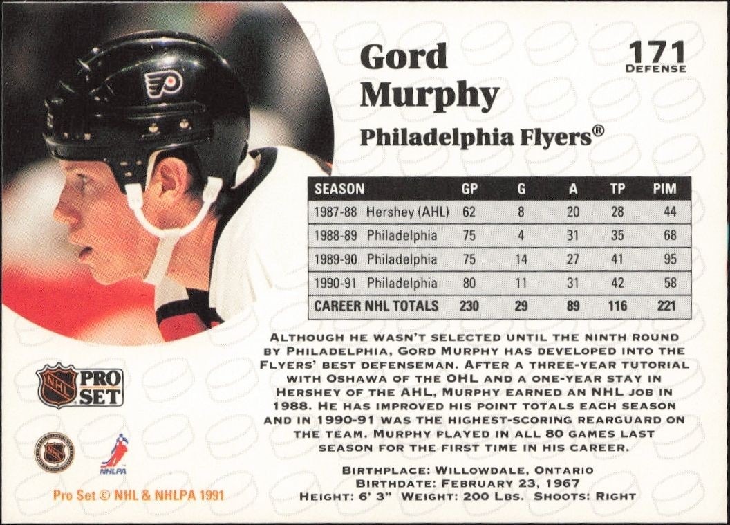 1991-92 Pro Set Gord Murphy #171 hockey trading card back