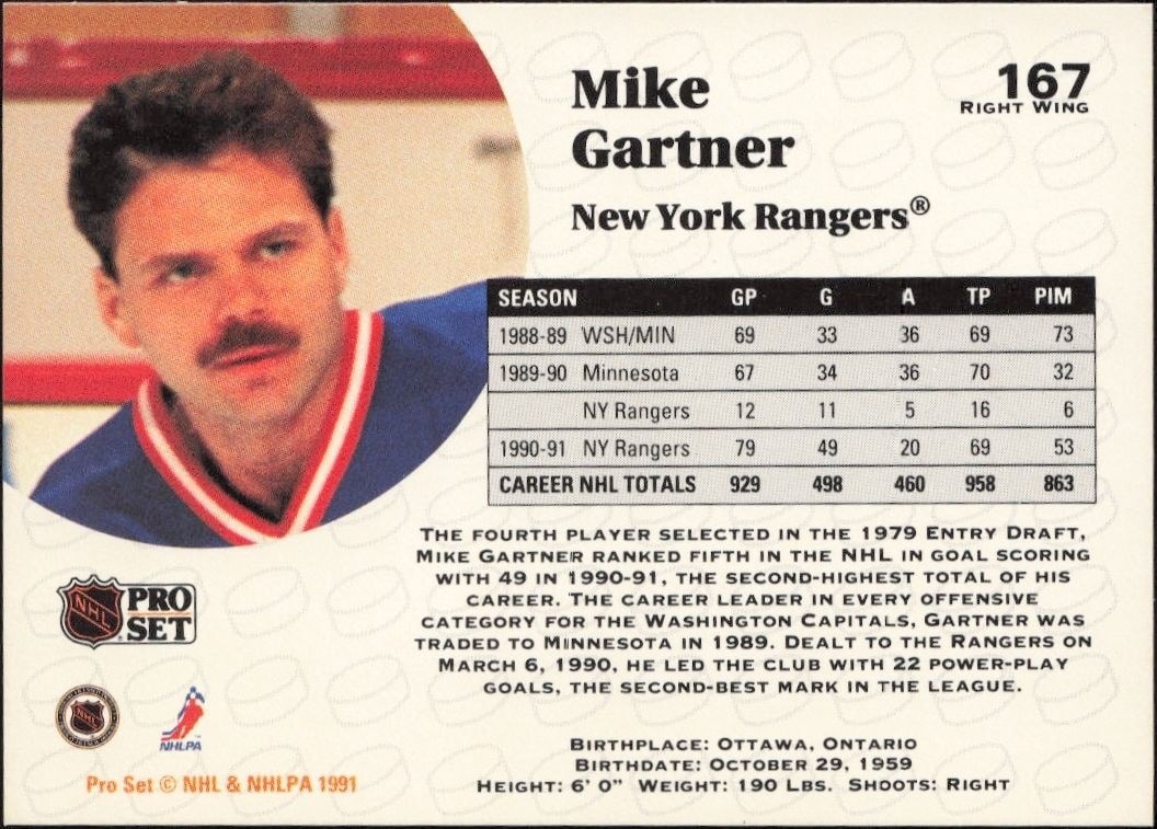 1991-92 Pro Set Mike Gartner #167 hockey trading card back