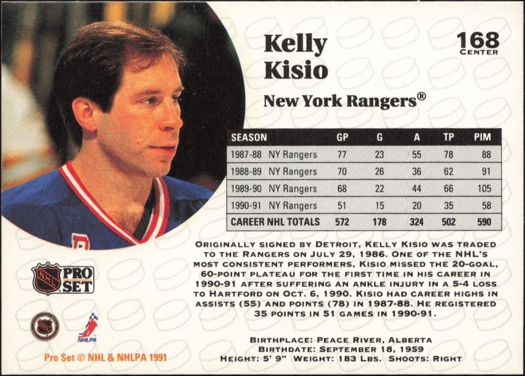 1991-92 Pro Set Kelly Kisio #168 hockey trading card back