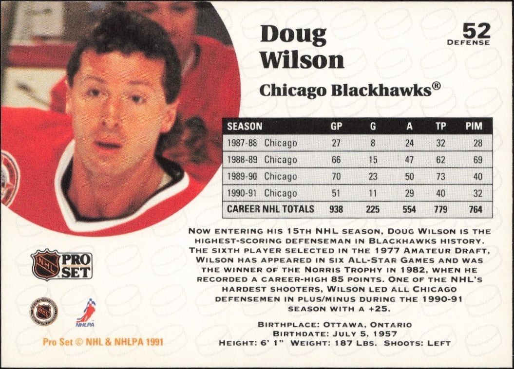 1991-92 Pro Set Doug Wilson #52 hockey trading card back