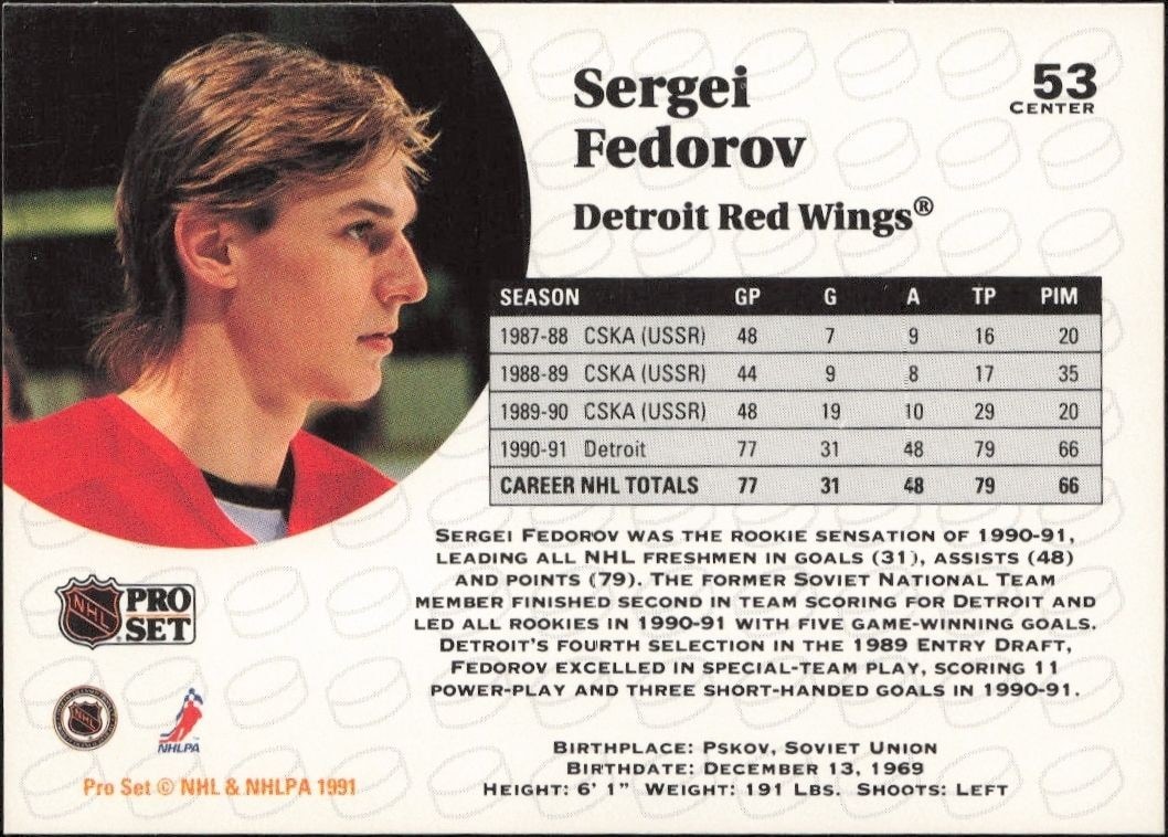 1991-92 Pro Set Sergei Fedorov #53 hockey trading card back
