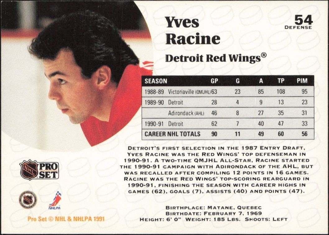 1991-92 Pro Set Yves Racine #54 hockey trading card back