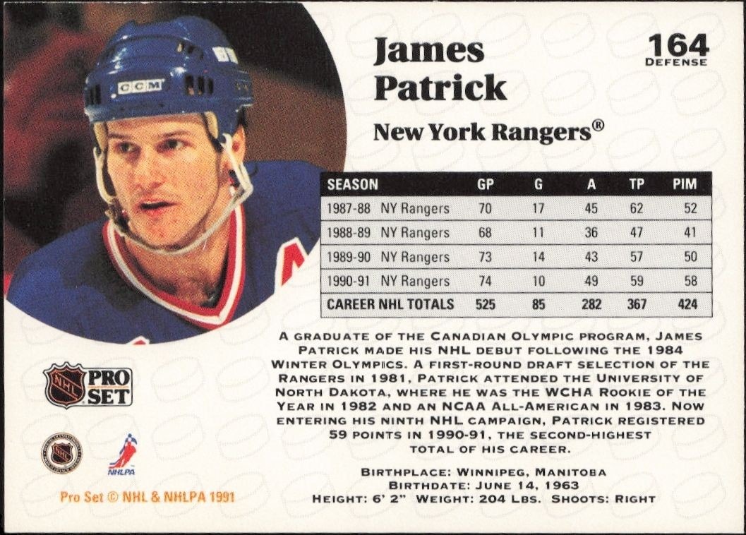 1991-92 Pro Set James Patrick #164 hockey trading card back