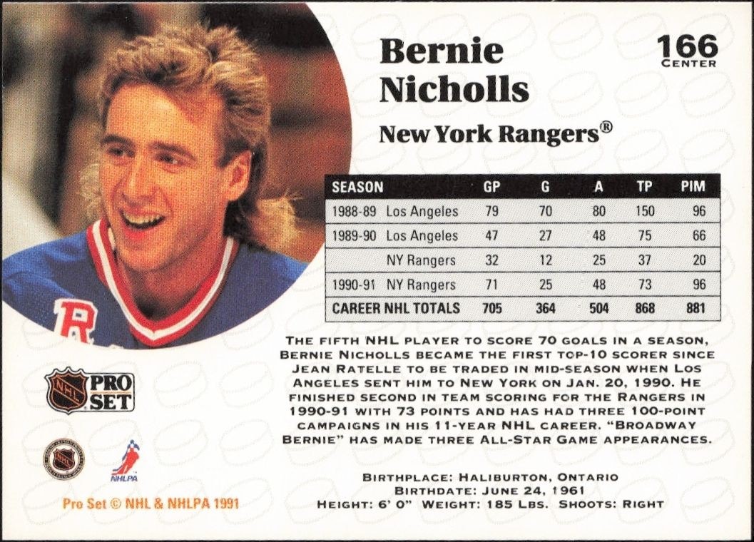 1991-92 Pro Set Bernie Nicholls #166 hockey trading card back