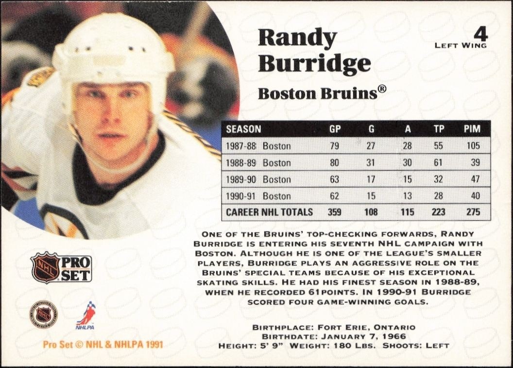 1991-92 Pro Set Randy Burridge #4 hockey trading card back