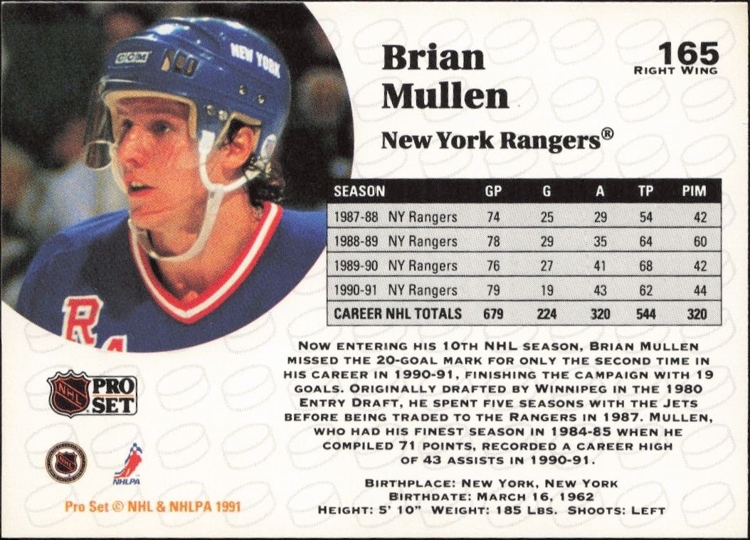 1991-92 Pro Set Brian Mullen #165 hockey trading card back