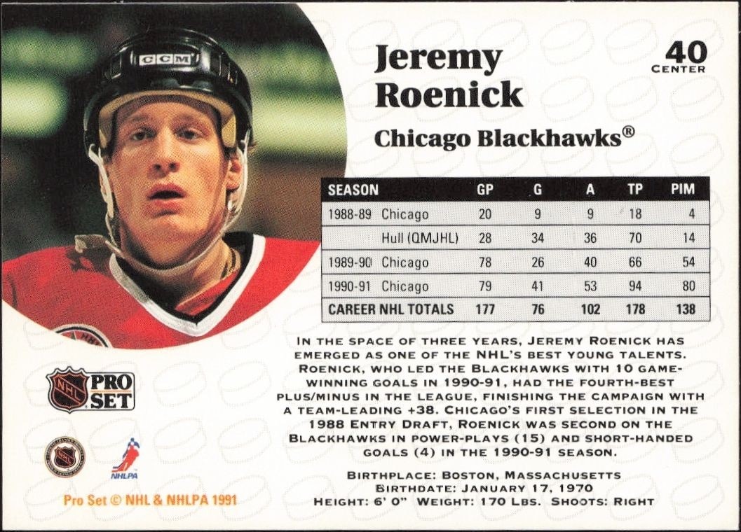 1991-92 Pro Set Jeremy Roenick #40 hockey trading card back