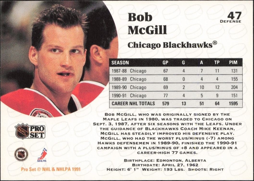 1991-92 Pro Set Bob McGill #47 hockey trading card back