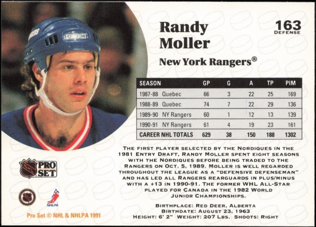 1991-92 Pro Set Randy Moller #163 hockey trading card back