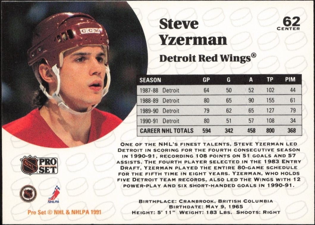 1991-92 Pro Set Steve Yzerman #62 hockey trading card back