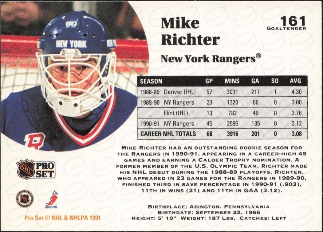 1991-92 Pro Set Mike Richter #161 hockey trading card back