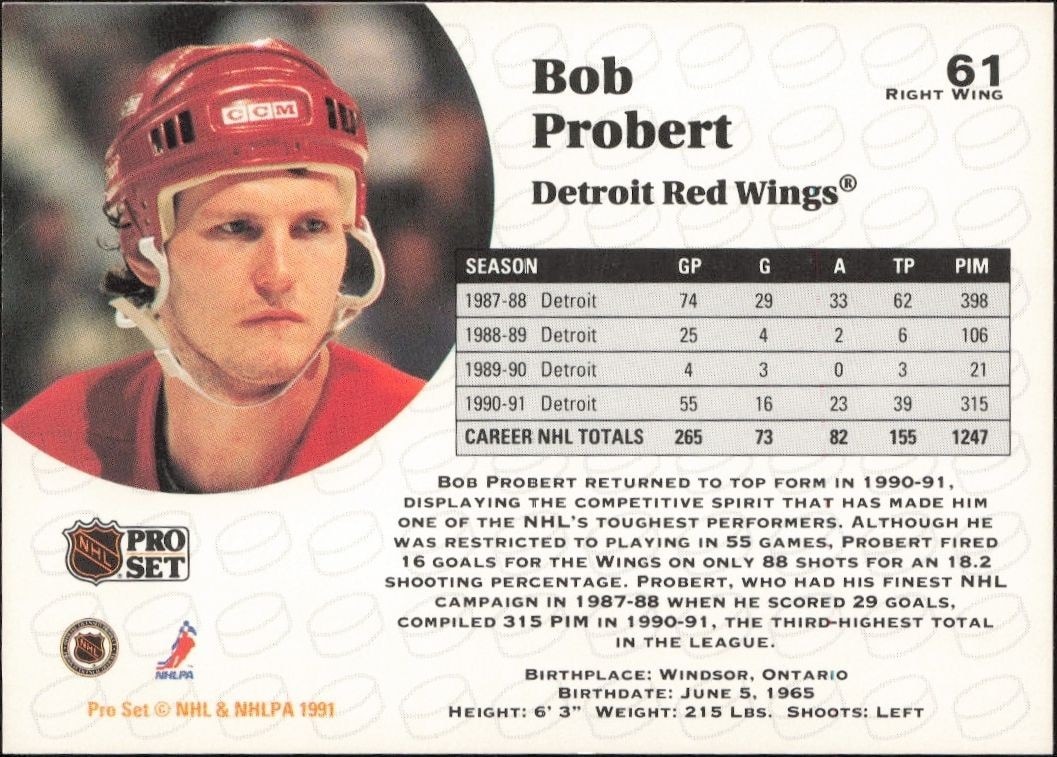 1991-92 Pro Set Bob Probert #61 hockey trading card back