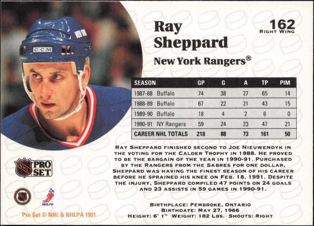 1991-92 Pro Set Ray Sheppard #162 hockey trading card back