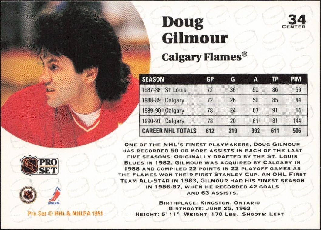 1991-92 Pro Set Doug Gilmour #34 hockey trading card back