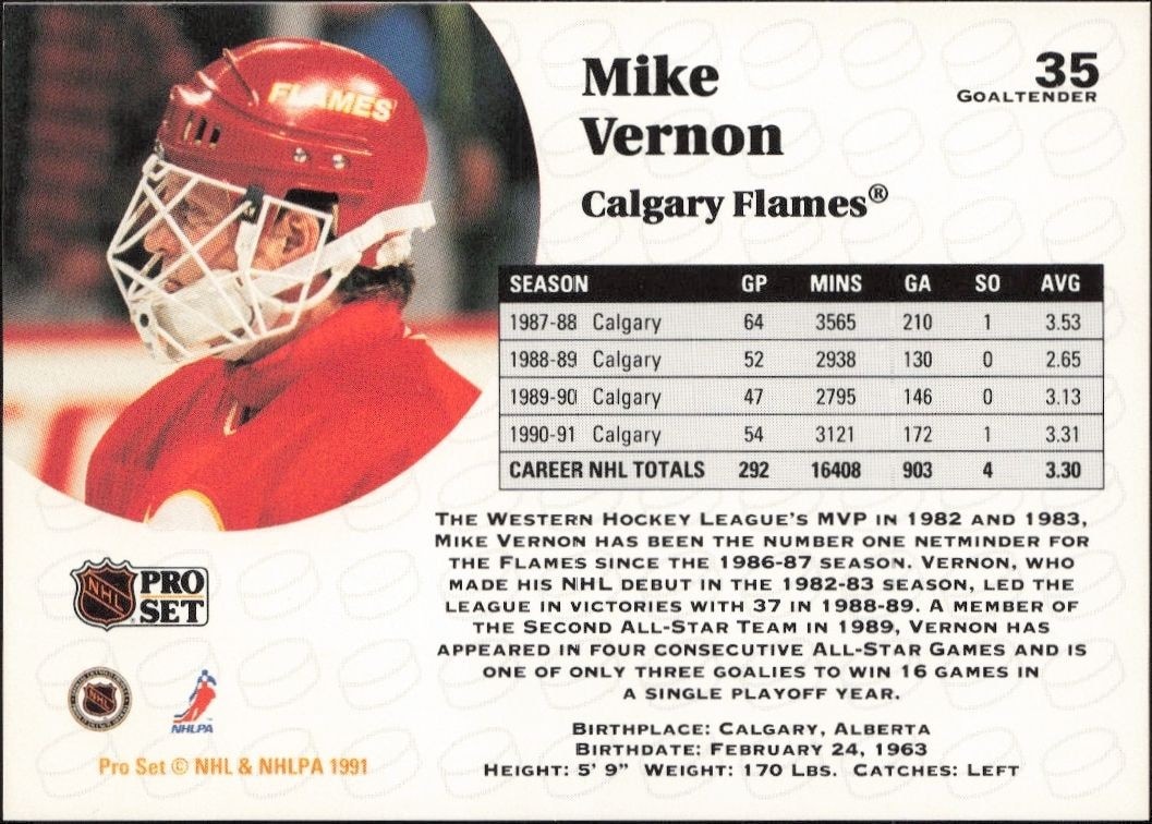 1991-92 Pro Set Mike Vernon #35 hockey trading card back