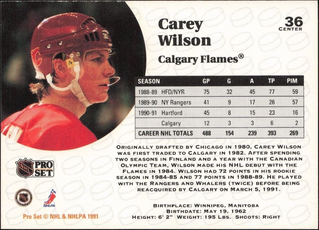 1991-92 Pro Set Carey Wilson #36 hockey trading card back
