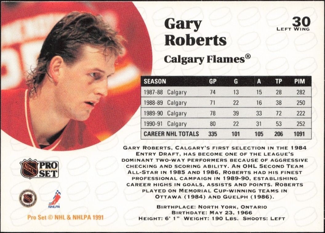 1991-92 Pro Set Gary Roberts #30 hockey trading card back