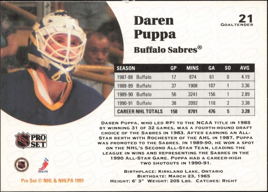 1991-92 Pro Set Daren Puppa #21 hockey trading card back