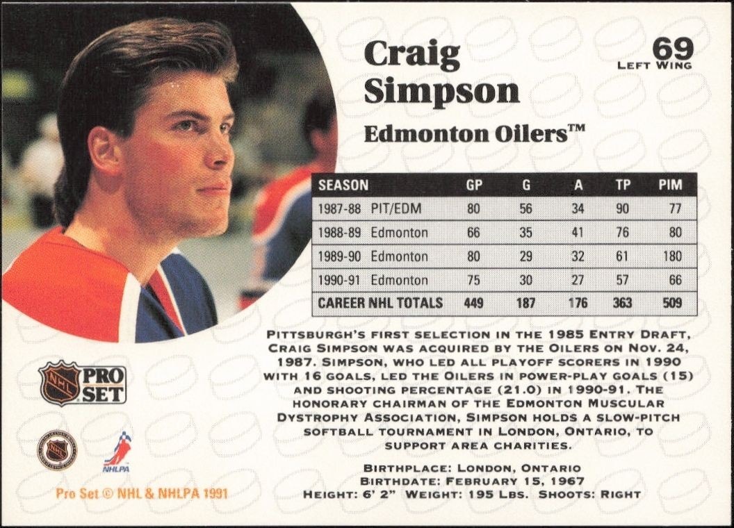 1991-92 Pro Set Craig Simpson #69 hockey trading card back