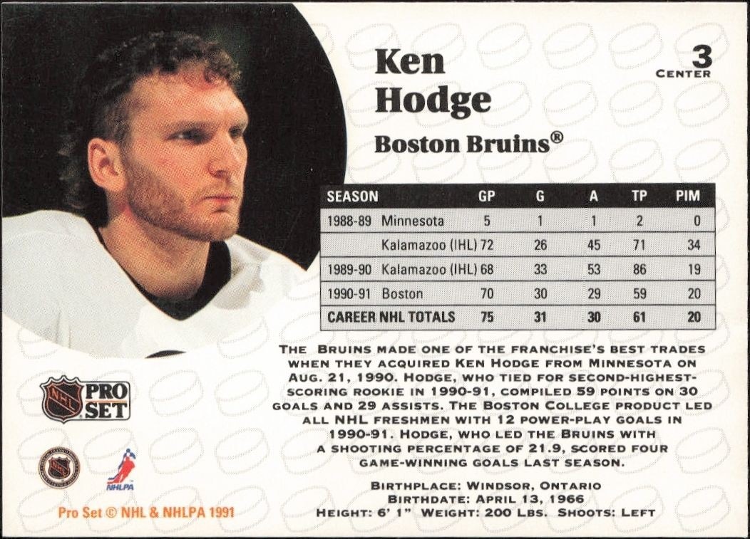 1991-92 Pro Set Ken Hodge #3 hockey trading card back
