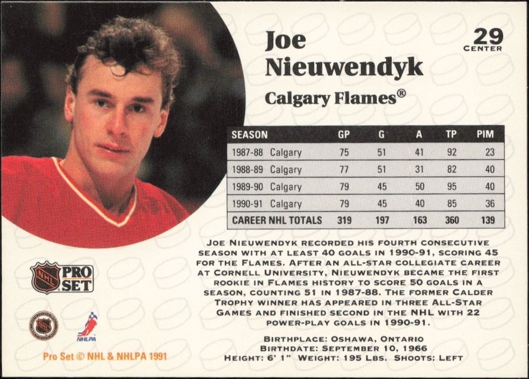 1991-92 Pro Set Joe Nieuwendyk #29 hockey trading card back