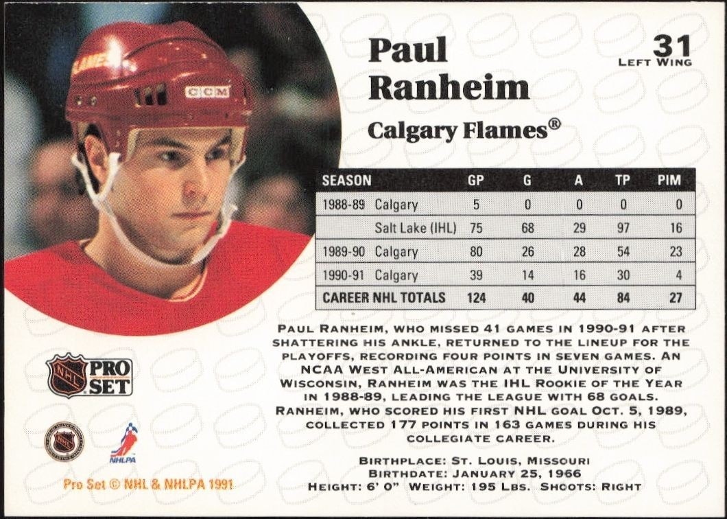 1991-92 Pro Set Paul Ranheim #31 hockey trading card back