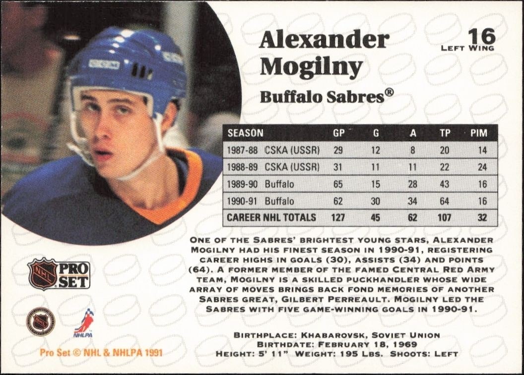 1991-92 Pro Set Alexander Mogilny #16 hockey trading card back