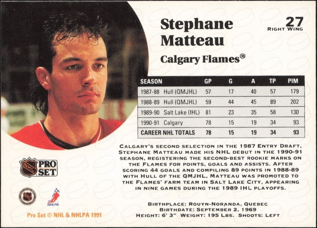 1991-92 Pro Set Stephane Matteau #27 hockey trading card back