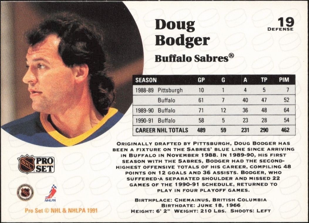 1991-92 Pro Set Doug Bodger #19 hockey trading card back