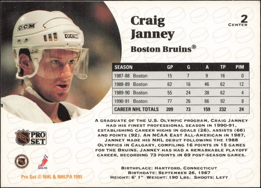 1991-92 Pro Set Craig Janney #2 hockey trading card back