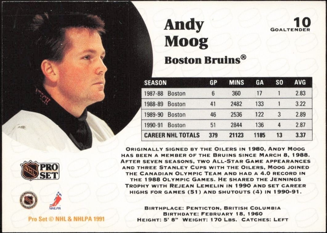1991-92 Pro Set Andy Moog #10 hockey trading card back